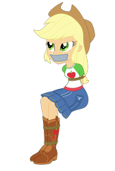 Size: 2000x2981 | Tagged: safe, artist:nie-martw-sie-o-mnie, applejack, human, equestria girls, g4, my little pony equestria girls: better together, applesub, bondage, boots, bound and gagged, clothes, cowboy boots, cowboy hat, female, femsub, freckles, gag, hat, queen of clubs, rope, rope bondage, shoes, simple background, sitting, skirt, solo, submissive, tape, tape gag, transparent background