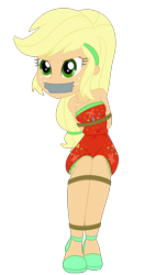 Size: 2000x3794 | Tagged: safe, artist:nie-martw-sie-o-mnie, applejack, human, equestria girls, equestria girls specials, g4, my little pony equestria girls: spring breakdown, applesub, bare shoulders, bondage, bound and gagged, clothes, cruise outfit, dress, female, femsub, freckles, gag, high heels, rope, rope bondage, shoes, simple background, sitting, sleeveless, sleeveless dress, solo, submissive, tape, tape gag, transparent background