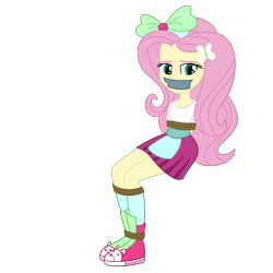 Size: 2000x2000 | Tagged: safe, artist:nie-martw-sie-o-mnie, fluttershy, human, equestria girls, g4, bondage, bound and gagged, butterfly hairpin, clothes, female, femsub, fluttersub, gag, rope, rope bondage, simple background, sitting, skirt, solo, submissive, tape, tape gag, transparent background