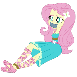 Size: 2000x2000 | Tagged: safe, artist:nie-martw-sie-o-mnie, fluttershy, human, equestria girls, g4, my little pony equestria girls: choose your own ending, text support, text support: fluttershy, bondage, bound and gagged, butterfly hairpin, clothes, dress, female, femsub, fluttersub, gag, rope, rope bondage, simple background, solo, submissive, tape, tape gag, transparent background