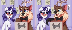 Size: 3000x1250 | Tagged: safe, artist:shadowreindeer, rarity, oc, oc:kevin reindeer, deer, reindeer, unicorn, g4, bowtie, box, horn, necktie