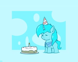 Size: 1200x960 | Tagged: safe, artist:dysmal, oc, oc only, oc:crumane, pony, unicorn, abstract background, birthday, cake, candle, clothes, food, hat, horn, party hat, passepartout, solo