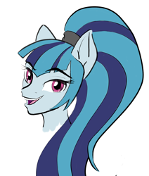 Size: 1104x1303 | Tagged: safe, artist:ciaran, derpibooru exclusive, sonata dusk, pony, bust, digital art, disguise, disguised siren, hairband, inktober, inktober 2024, looking at you, open mouth, open smile, ponified, simple background, smiling, smiling at you, solo, white background