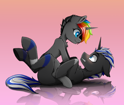 Size: 2000x1700 | Tagged: safe, artist:rainbowfire, part of a set, oc, oc only, oc:ice singer, oc:rainbow fire, pony, unicorn, blushing, commission, confused, cute, duo, female, gradient background, horn, hug, hugs needed, jewelry, looking at each other, looking at someone, love, male, mare, open mouth, reflection, sitting on person, sitting on pony, smiling, stallion, tongue out, ych result