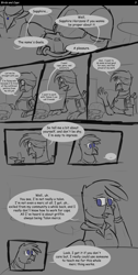 Size: 2200x4377 | Tagged: safe, artist:somber, oc, oc only, oc:gaela, oc:sapphire horizons, griffon, comic:birds and caps, fallout equestria, comic, female, monochrome