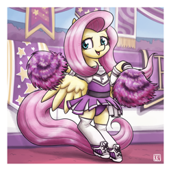 Size: 3000x3000 | Tagged: safe, artist:king-kakapo, part of a set, fluttershy, pegasus, pony, art pack:cheerleader art pack, g4, banner, bipedal, cheerleader, cheerleader outfit, clothes, female, high res, looking at you, midriff, panties, passepartout, pleated skirt, pom pom, purple panties, shoes, skirt, skirt lift, sneakers, socks, solo, stadium, thigh highs, underwear, upskirt