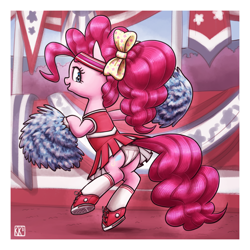 Size: 3000x3000 | Tagged: safe, artist:king-kakapo, part of a set, pinkie pie, earth pony, pony, art pack:cheerleader art pack, g4, banner, bipedal, bow, butt, cheerleader, cheerleader outfit, clothes, converse, female, hair bow, headband, high res, looking at you, looking back, looking back at you, midriff, panties, passepartout, pleated skirt, pom pom, shoes, skirt, skirt lift, sneakers, socks, solo, stadium, underwear, upskirt