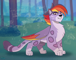 Size: 2935x2323 | Tagged: safe, artist:felux, alterro, aq bars, big cat, leopard, snow leopard, g5, my little pony: tell your tale, no place like home, spoiler:g5, spoiler:my little pony: tell your tale, spoiler:tyts02e22, colored wings, concave belly, countershading, folded wings, forest, grin, large wings, male, multicolored hair, multicolored wings, nature, older alterro, outdoors, quadrupedal, smiling, solo, tree, winged big cat, wings, wrong eye color