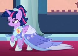 Size: 1122x819 | Tagged: safe, screencap, twilight sparkle, alicorn, pony, g4, the last problem, bedroom eyes, canterlot, canterlot castle, carpet, castle, clothes, coronation dress, cropped, dress, elegant, evening, female, gown, pillar, raised hoof, red carpet, regal, sash, second coronation dress, solo, twilight sparkle (alicorn)