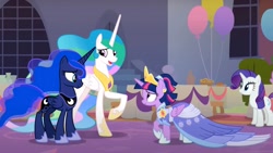 Size: 1987x1121 | Tagged: safe, screencap, princess celestia, princess luna, rarity, twilight sparkle, alicorn, pony, unicorn, g4, the last problem, alternate hairstyle, balloon, banner, canterlot, canterlot castle, clothes, coronation dress, crown, dress, elegant, evening, female, gown, horn, jewelry, missing accessory, odd one out, raised hoof, regal, regalia, second coronation dress, smiling, standing, stool, table, twilight sparkle (alicorn), window