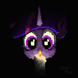 Size: 2216x2216 | Tagged: safe, artist:cyberpixel44, twilight sparkle, pony, unicorn, mlp fim's fourteenth anniversary, g4, candle, dark background, darkness, eye reflection, female, fire, horn, pixel-crisp art, reflection, unicorn twilight, wide eyes