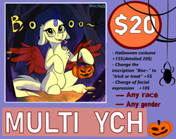 Size: 3824x3024 | Tagged: safe, alternate version, artist:yuris, pony, advertisement, alte, any gender, any race, basket, candy, commission, fog, food, forest, grass, halloween, holiday, multi ych "booo~", nature, night, pumpkin, sitting, smiling, solo, sweat, tree, trick or treat, ych sketch, your character here