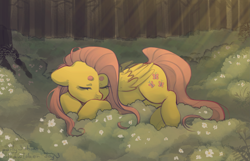 Size: 2793x1802 | Tagged: safe, artist:party3ah, fluttershy, pegasus, pony, g4, beanbrows, crepuscular rays, eyebrows, eyes closed, female, forest, lying down, mare, moss, nature, outdoors, prone, signature, sleeping, solo, tree