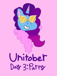 Size: 1080x1440 | Tagged: safe, artist:shucku, misty brightdawn, pony, unicorn, g5, female, horn, mare, pink background, rebirth misty, simple background, smiling, solo, sunglasses, unitober 2024