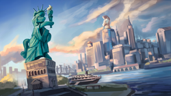 Size: 3840x2160 | Tagged: safe, artist:kelkessel, equestria at war mod, g4, background, boat, city, cityscape, cloud, crystaller building, day, high res, manehattan, no pony, outdoors, scenery, skyline, statue, statue of friendship, statue of liberty, wallpaper, water