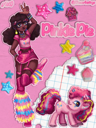 Size: 1536x2048 | Tagged: safe, artist:chaos4cringe, pinkie pie, earth pony, human, pony, g4, alternate hairstyle, bracelet, cake, clothes, cupcake, cute, dark skin, diapinkes, dress, ear piercing, earring, female, fishnet clothing, food, garter belt, humanized, jewelry, leg warmers, mare, midriff, nail polish, natural hair color, necklace, piercing, shoes, solo, stars, stockings, thigh highs, unshorn fetlocks