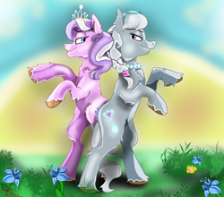 Size: 2844x2500 | Tagged: safe, artist:gabbygums21, diamond tiara, silver spoon, earth pony, g4, bipedal, duo, duo female, female, filly, foal, looking at each other, looking at someone, outdoors, smiling, smirk, unshorn fetlocks