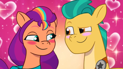 Size: 1366x768 | Tagged: safe, artist:lunaticdawn, hitch trailblazer, sunny starscout, earth pony, pony, g5, my little pony: tell your tale, blushing, duo, eye contact, female, heart, heart background, looking at each other, looking at someone, male, mane stripe sunny, mare, ship:starblazer, shipping, show accurate, smiling, stallion, straight, tell your tale accurate