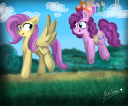 Size: 4208x3507 | Tagged: safe, artist:mashee, fluttershy, pinkie pie, earth pony, pegasus, pony, g4, adorable face, balloon, blush lines, blushing, cloud, colored, cute, floating, grass, happy, looking at each other, looking at someone, looking at you, looking back, nature, original art, original style, outdoors, walking