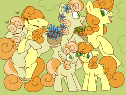 Size: 1200x900 | Tagged: safe, artist:php193, carrot top, golden harvest, junebug, earth pony, pony, g4, carrot, cuddling, curly mane, cute, cutie top, duo, duo female, female, flower, flower basket, flower in hair, food, green background, green eyes, hug, junebetes, simple background, wholesome