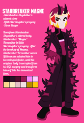 Size: 1200x1750 | Tagged: safe, artist:robertsonskywa1, oc, oc only, oc:starbreaker firewalker, demon, equestria girls, g4, hand on hip, hazbin hotel, hellaverse, horns, male, ow the edge, photo, reference sheet, solo, text, vitiligo