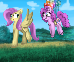 Size: 4208x3507 | Tagged: safe, artist:mashee, fluttershy, pinkie pie, earth pony, pegasus, pony, g4, adorable face, balloon, blush lines, blushing, cloud, cute, floating, grass, happy, lineart, looking at each other, looking at someone, looking at you, looking back, nature, original art, original style, outdoors, walking