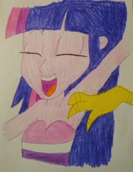 Size: 2934x3805 | Tagged: safe, artist:aa68., discord, twilight sparkle, draconequus, human, equestria girls, g4, armpit tickling, armpits, arms in the air, duo, duo male and female, eyes closed, female, hands in the air, laughing, male, open mouth, simple background, tickle torture, tickling, traditional art, white background