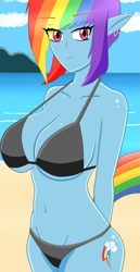 Size: 1057x2048 | Tagged: safe, artist:arian-jl, rainbow dash, human, anthro, g4, anime, beach, belly, belly button, bikini, black bikini, black swimsuit, breasts, clothes, ear piercing, earring, elf ears, humanized, jewelry, my sexy anthro, outdoors, piercing, sexy, swimsuit