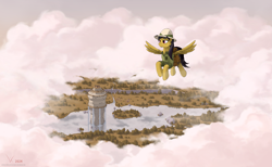 Size: 2191x1346 | Tagged: safe, artist:eriada, daring do, pegasus, pony, flying, island, scenery, solo, temple, water