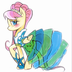 Size: 750x746 | Tagged: safe, artist:qianhe498, fluttershy, pegasus, pony, g4, alternate hairstyle, clothes, dress, female, mare, modelshy, simple background, solo, white background