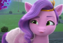 Size: 564x387 | Tagged: safe, screencap, pipp petals, pegasus, pony, g5, my little pony: make your mark, my little pony: make your mark chapter 6, roots of all evil, female, jewelry, mare, outdoors, pipp petals is best facemaker, solo, tiara