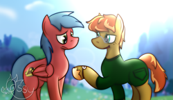 Size: 1379x795 | Tagged: safe, artist:ossilia flawol, oc, oc only, oc:autumn s. shade, oc:red (someponys disillusion), earth pony, pegasus, pony, fanfic:someponys disillusion, blue eyes, brown coat, clothes, duo, earth pony oc, glasses, outdoors, pegasus oc, red coat, sweater, unshorn fetlocks, watch, wings