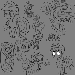 Size: 1155x1155 | Tagged: safe, artist:this_sl0th, applejack, nightmare moon, alicorn, earth pony, pony, g4, :o, alternate cutie mark, apple, body pillow, eyes on the prize, female, food, helmet, mare, monochrome, open mouth, peytral, sketch, sketch dump, smiling