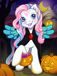 Size: 1800x2400 | Tagged: safe, artist:sparkytopia, star catcher, pegasus, pony, g3, candy, cape, clothes, colored wings, costume, facial markings, fangs, female, food, halloween, halloween costume, holiday, jack-o-lantern, looking at you, mare, night, open mouth, open smile, outdoors, pumpkin, signature, smiling, solo, spread wings, vampire costume, wings, ych example