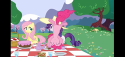 Size: 1289x590 | Tagged: safe, screencap, fluttershy, pinkie pie, rarity, earth pony, pegasus, pony, unicorn, a canterlot wedding, g4, basket, cake, cake slice, cartwheel, cup, female, food, horn, outdoors, picnic, picnic basket, picnic blanket, pillarboxing, sandwich, teacup, teapot, tree, trio, upside down