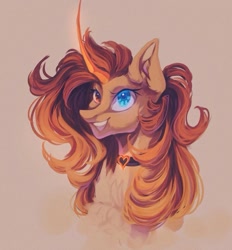 Size: 735x791 | Tagged: safe, artist:reminati_27, oc, oc only, pony, unicorn, bust, chest fluff, choker, curved horn, female, horn, mare, portrait, smiling