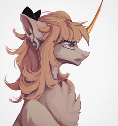 Size: 1080x1154 | Tagged: safe, artist:reminati_27, oc, oc only, pony, unicorn, bow, bust, chest fluff, curved horn, ear fluff, ear piercing, earring, female, hair bow, horn, jewelry, mare, necklace, piercing, simple background, solo, white background