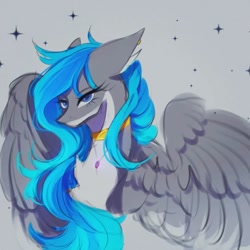 Size: 1080x1080 | Tagged: safe, artist:reminati_27, oc, oc only, pegasus, pony, chest fluff, choker, ear piercing, earring, female, gray background, jewelry, mare, necklace, piercing, simple background, spread wings, wings