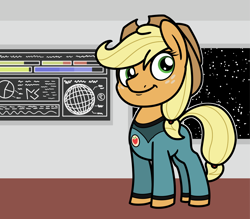 Size: 2048x1790 | Tagged: safe, artist:ewoudcponies, part of a set, applejack, earth pony, pony, g4, clothes, female, mare, solo, space, spaceship, uniform