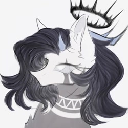 Size: 1080x1080 | Tagged: safe, artist:reminati_27, oc, oc only, pony, bust, eye scar, facial scar, horns, jewelry, portrait, regalia, scar, simple background, solo, white background