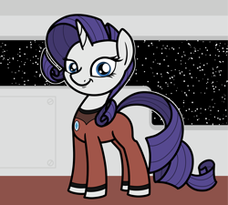 Size: 2048x1845 | Tagged: safe, artist:ewoudcponies, part of a set, rarity, pony, unicorn, g4, clothes, female, horn, looking at you, mare, smiling, smiling at you, solo, space, spaceship, uniform