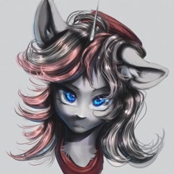 Size: 1080x1080 | Tagged: safe, artist:reminati_27, oc, oc only, pony, unicorn, bust, clothes, gray background, horn, portrait, simple background, solo