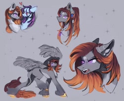 Size: 1080x878 | Tagged: safe, artist:reminati_27, oc, oc only, oc:reminati, pegasus, pony, chest fluff, choker, duo, ear piercing, earring, female, fetlock tuft, floating heart, gray background, heart, jewelry, leonine tail, mare, piercing, simple background, tail