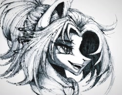 Size: 1080x844 | Tagged: safe, artist:reminati_27, oc, oc only, pony, black and white, bust, fangs, female, grayscale, mare, monochrome, portrait, simple background, sketch, solo, white background