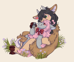 Size: 1341x1127 | Tagged: safe, artist:crowkadow, oc, oc:grenda, oc:pixel, sheep, yak, anthro, couple, female, hug, outdoors, sheep oc, snuggling, yak oc