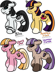 Size: 1940x2543 | Tagged: safe, artist:sexygoatgod, oc, oc only, oc:bliss, oc:cherry shot, oc:lavender crumble, oc:pumpkin flash, earth pony, hybrid, pegasus, pony, unicorn, zony, adoptable, blaze (coat marking), blue eyes, coat markings, colored wings, colored wingtips, cyan eyes, earth pony oc, eyeshadow, facial markings, female, folded wings, freckles, group, horn, leg stripes, lidded eyes, lipstick, magenta eyes, makeup, mare, pegasus oc, purple eyes, quartet, recolor, simple background, socks (coat markings), stripes, transparent background, unicorn oc, wings