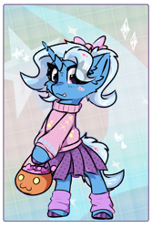 Size: 2000x3000 | Tagged: safe, artist:jubyskylines, trixie, pony, unicorn, g4, bipedal, bow, bucket, clothes, colored hooves, costume, cute, diatrixes, female, hair bow, hooves, horn, leg warmers, mare, nightmare night, skirt, solo, sweater