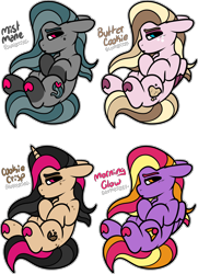 Size: 1924x2663 | Tagged: safe, artist:sexygoatgod, oc, oc only, oc:butter cookie, oc:cookie crisp, oc:mist mane, oc:morning glow, earth pony, pegasus, pony, unicorn, adoptable, beauty mark, coat markings, colored wings, colored wingtips, curled up, ears back, earth pony oc, eyeshadow, female, folded wings, freckles, group, hoof heart, horn, leg freckles, lidded eyes, magenta eyes, makeup, mare, orange eyes, pegasus oc, quartet, recolor, simple background, socks (coat markings), transparent background, underhoof, unicorn oc, wings