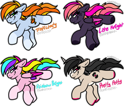 Size: 2215x1897 | Tagged: safe, artist:sexygoatgod, oc, oc only, oc:late knight, oc:pretty petty, oc:rainbow bright, oc:tropicancy, earth pony, pegasus, pony, unicorn, adoptable, blaze (coat marking), coat markings, colored hooves, colored wings, colored wingtips, earth pony oc, facial markings, female, folded wings, freckles, green eyes, group, hooves, horn, magenta eyes, mare, multicolored hair, pale belly, pegasus oc, purple eyes, quartet, rainbow hair, recolor, simple background, socks (coat markings), transparent background, unicorn oc, wings