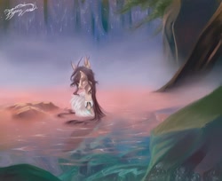 Size: 1440x1174 | Tagged: safe, artist:_.v.aporwave, oc, oc only, pony, ear piercing, earring, female, horns, jewelry, mare, necklace, outdoors, piercing, scenery, shirtless shirt collar, solo, thin, water, waterfall